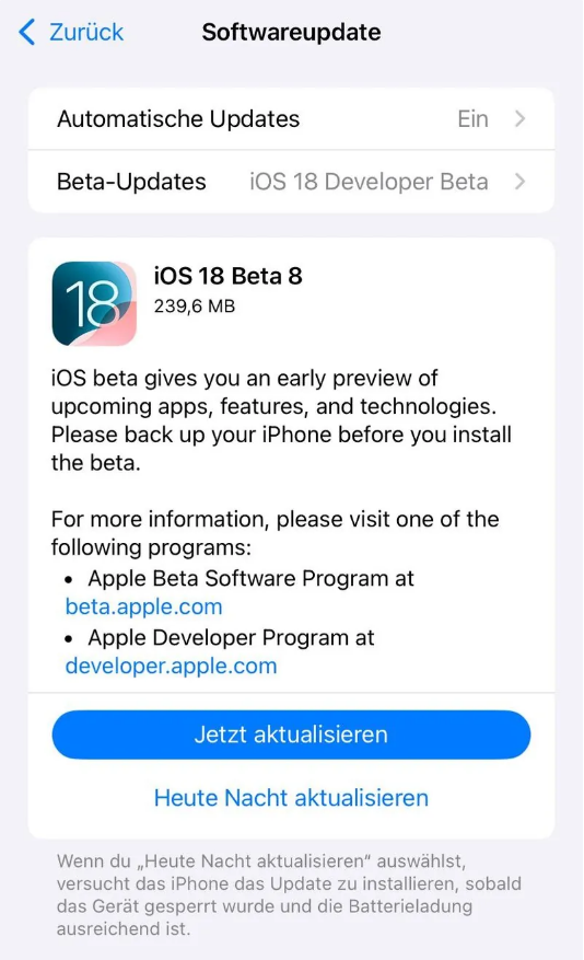 栖霞苹果手机维修分享苹果 iOS / iPadOS 18 开发者预览版 Beta 8 发布 